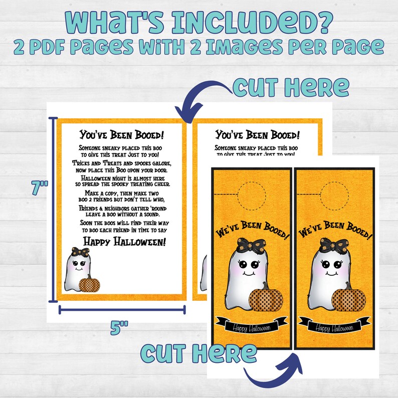 May include: Printable Halloween door hanger with a cute ghost illustration. The door hanger is yellow with black polka dots and says "You've Been Booed!" and "We've Been Booed!"  The text includes instructions for a Halloween "boo" game.