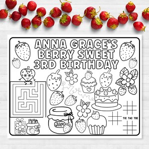 Personalized Party Placemats, Berry Sweet Birthday Decorations, Custom Birthday Coloring Page, Strawberry Party Supplies, Cheap Party Favors image 3