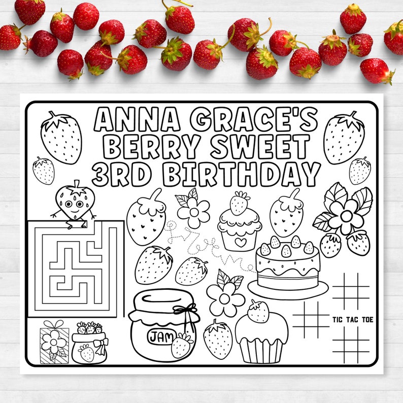 Personalized Party Placemats, Berry Sweet Birthday Decorations, Custom Birthday Coloring Page, Strawberry Party Supplies, Cheap Party Favors image 3