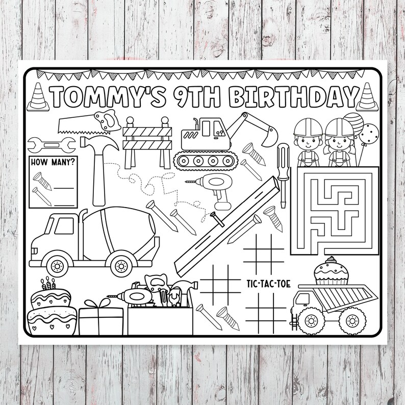 Pode incluir: Uma p&aacute;gina para colorir imprim&iacute;vel em preto e branco para uma festa de anivers&aacute;rio. A p&aacute;gina apresenta um tema de constru&ccedil;&atilde;o com um bolo de anivers&aacute;rio, um caminh&atilde;o de cimento, uma escavadeira, uma caixa de ferramentas, uma serra, um martelo, uma chave de fenda, pregos, um labirinto e um jogo da velha. O texto "TOMMY'S 9TH BIRTHDAY" est&aacute; no topo da p&aacute;gina.