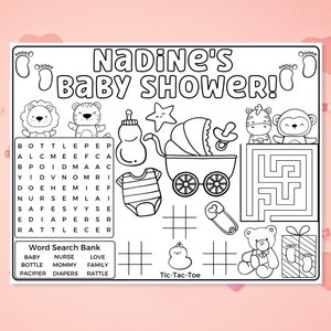 May include: A black and white printable baby shower game featuring a word search puzzle with the words "bottle", "pacifier", "rattle", "diapers", "baby", "nurse", "love", "mommy", and "family". The game also includes a tic-tac-toe board, a maze, and several baby-themed illustrations.