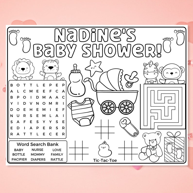 May include: A black and white printable baby shower game featuring a word search puzzle with the words "bottle", "pacifier", "rattle", "diapers", "baby", "nurse", "love", "mommy", and "family". The game also includes a tic-tac-toe board, a maze, and several baby-themed illustrations.