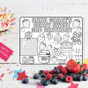 Personalized Party Placemats, Berry Sweet Birthday Decorations, Custom Birthday Coloring Page, Strawberry Party Supplies, Cheap Party Favors image 4