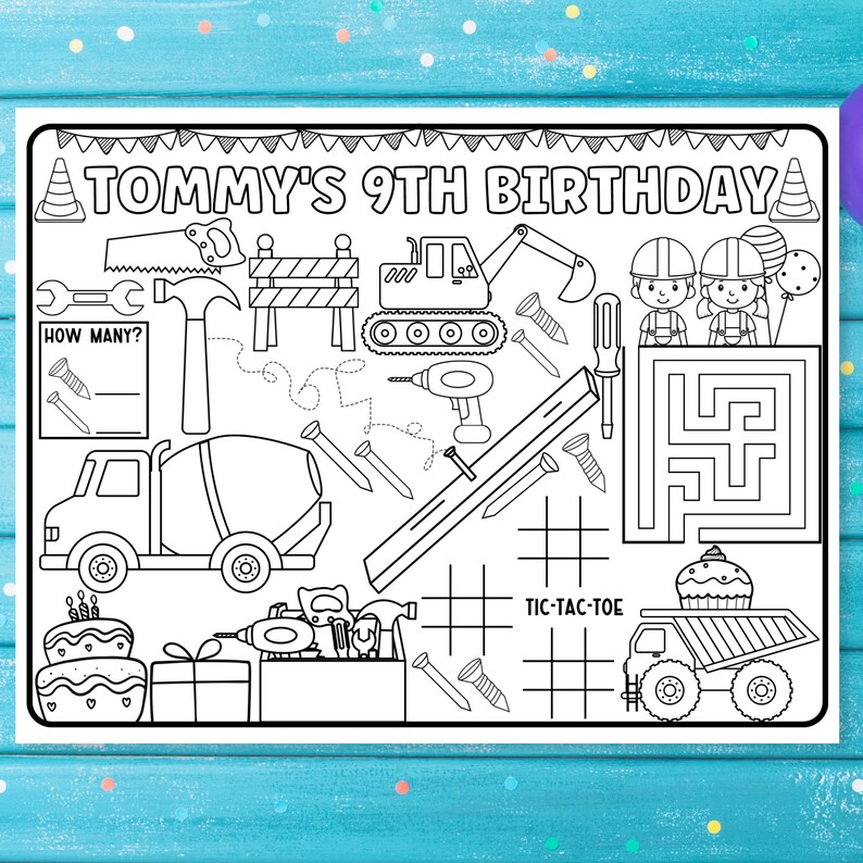 Pode incluir: Uma p&aacute;gina para colorir imprim&iacute;vel em preto e branco para uma festa de anivers&aacute;rio. A p&aacute;gina apresenta um tema de constru&ccedil;&atilde;o com um bolo de anivers&aacute;rio, um caminh&atilde;o de cimento, uma escavadeira, uma caixa de ferramentas, uma serra, um martelo, uma chave, pregos, uma r&eacute;gua, uma chave de fenda, um labirinto, um jogo da velha e o texto "TOMMY'S 9TH BIRTHDAY".