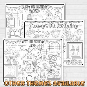 May include: Three printable coloring pages for kids' birthday parties. Each page features a different theme: an under-the-sea theme, a space theme, and a farm theme. Each page includes a variety of activities, such as mazes, word searches, and connect-the-dots.