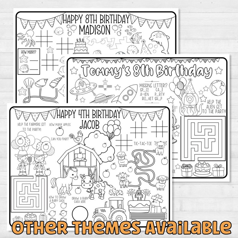 May include: Three printable coloring pages for kids' birthday parties. Each page features a different theme: an under-the-sea theme, a space theme, and a farm theme. Each page includes a variety of activities, such as mazes, word searches, and connect-the-dots.