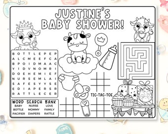 Giochi per baby shower a tema mucca, pagine da colorare per baby shower, articoli per feste personalizzati, decorazioni per baby shower gender-neutral, tovagliette stampabili, bomboniere economiche