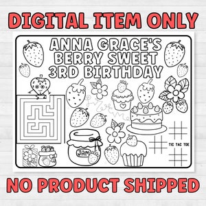 Personalized Party Placemats, Berry Sweet Birthday Decorations, Custom Birthday Coloring Page, Strawberry Party Supplies, Cheap Party Favors image 6