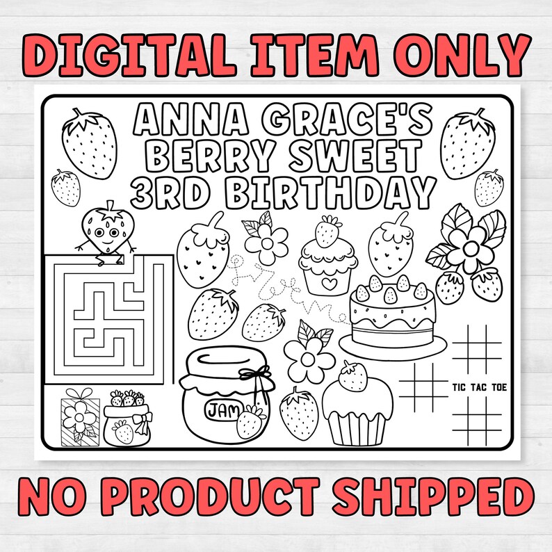 Personalized Party Placemats, Berry Sweet Birthday Decorations, Custom Birthday Coloring Page, Strawberry Party Supplies, Cheap Party Favors image 6