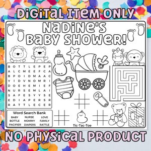 May include: A black and white printable baby shower game featuring a word search puzzle, a maze, a tic-tac-toe game, and other baby-themed illustrations. The text "Nadine's Baby Shower!" is at the top of the page. The text "NO PHYSICAL PRODUCT" is at the bottom of the page.