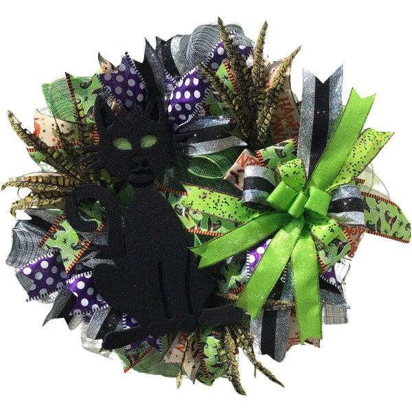 Black cat Halloween wreath for front door, Halloween door hangar with black cat and green eyes, Sparkly Halloween wreath with cat