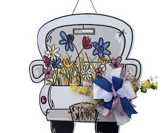 Floral spring door hanger, white truck door decoration, flowery spring welcome sign, Easter gift for home decoration, spring home decor