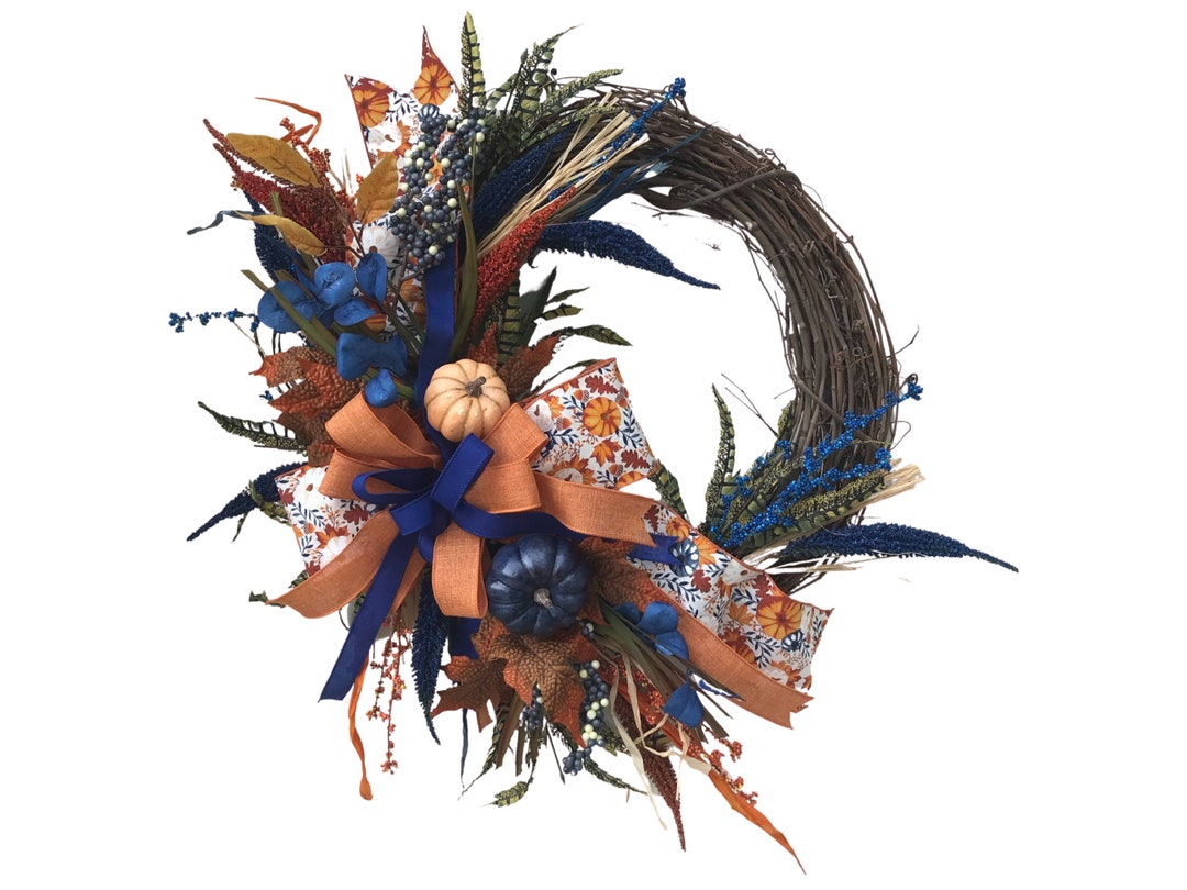 Blue and Orange Fall Wreath for Front Door, Fall Pumpkin Grapevine ...