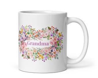 White glossy mug for Grandma, floral grandma coffee mug, gift for Mothers day, pink flower mug, birthday present for grandma, grandparent