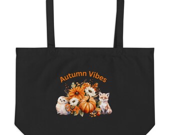 Borsa tote autunnale grande e organica, borsa tote autunnale, borsa tote autunnale con animali del bosco, regalo di ringraziamento per gli insegnanti, borsa tote con zucca, borsa della spesa del Ringraziamento