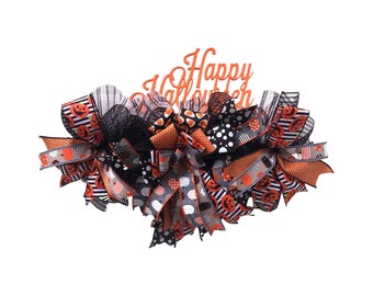 Orange and black happy Halloween wreath for front door, Halloween door hangar with orange and black pumpkins and candy corns, Halloween rail