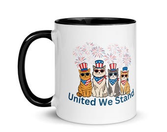 Taza patriótica de gato con color en el interior, regalo para amantes de los gatos "Unidos permanecemos", taza de gato roja, blanca y azul, regalo para amantes de las mascotas del 4 de julio, gato americano