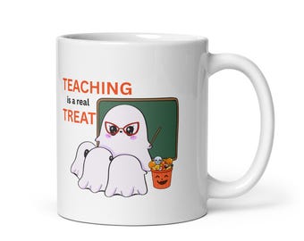 Taza blanca brillante de Halloween, taza de Halloween para profesores, taza de Halloween para personal docente, regalo de Halloween para profesores, taza de café de profesor fantasma