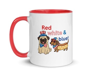 Taza roja, blanca y azul con color en el interior, regalo patriótico para amantes de los perros, taza para cachorros del 4 de julio, decoración americana para mascotas, lindo regalo de verano para perros