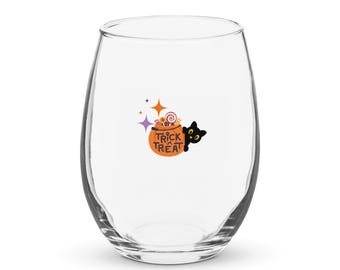 Halloween stemless wine glass, trick or treat glass, black cat wine glass gift, Halloween party bar glass, fall Halloween tablescape