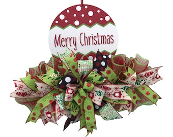 Merry Christmas wreath for front door with ornament sign with red and lime green accents, Merry Christmas wreath door hangar with polka dot