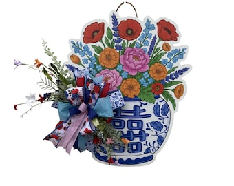 Floral door hanger, blue and white vase door decoration, floral bouquet sign, hostess gift for home decoration, summer home decor