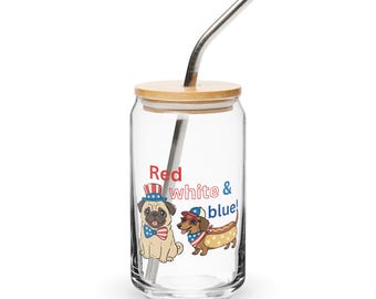 Vaso con forma de lata rojo, blanco y azul, regalo patriótico para amantes de los perros, vaso para cachorros del 4 de julio, decoración americana para mascotas, lindo regalo de verano para perros