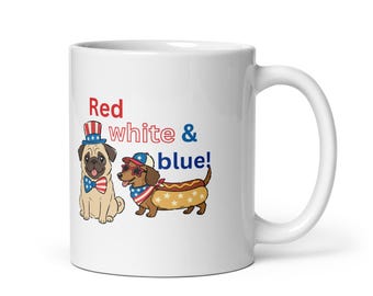 Taza brillante roja, blanca y azul, regalo patriótico para amantes de los perros, taza para cachorros del 4 de julio, decoración americana para mascotas, lindo regalo de verano para perros