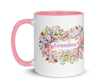 Mug with color inside for Grandma, floral grandma coffee mug, gift for Mothers day, pink flower mug, birthday present for grandma