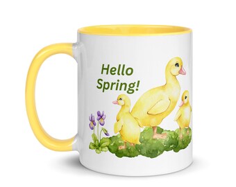 Hello spring duck mug with color inside, cute duckling spring table, farmhouse spring gift, Easter duck gift, Easter mug, Easter party mug