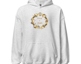 Christmas unisex hoodie, merry and bright Christmas hoodie, elegant wreath Christmas hoodie, Christmas apparel gift, cozy Christmas hoodie