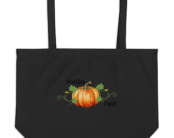 Fall large organic tote bag, autumn tote bag, hello fall pumpkin tote, teacher appreciation gift, pumpkin tote, Thanksgiving shopping bag