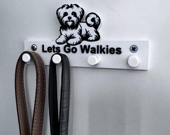 Dog Lead and leash holder 3d printed features a Small white Maltese type dog with Let’s Go Walkies written on it