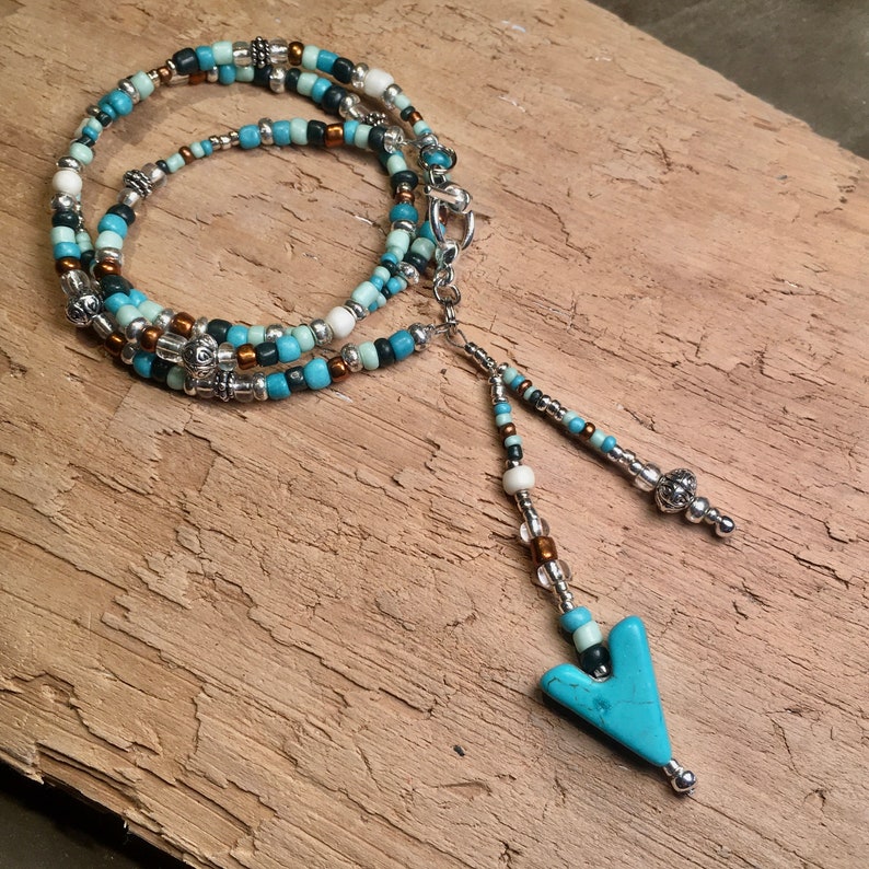Lariat Necklace Turquoise with Silver or Cooper Beads Boho Chic Hippie Southwestern