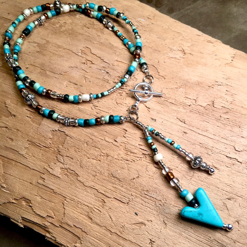 Lariat Necklace Turquoise with Silver or Cooper Beads Boho Chic Hippie Southwestern