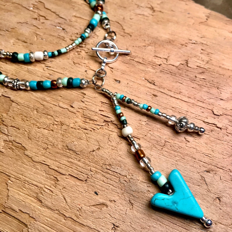 Lariat Necklace Turquoise with Silver or Cooper Beads Boho Chic Hippie Southwestern