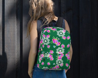 Hmong inspired Backpack Green with flowers and elephant foot print