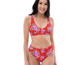 Hmong Inspired Red with Flowers high-waisted bikini