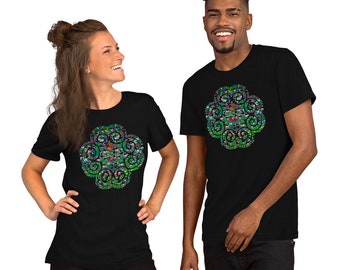 May include: Two people wearing black t-shirts with a colorful, abstract floral design. The design features green, red, and purple swirls and shapes. The shirts are short-sleeved and appear to be made of a soft material.