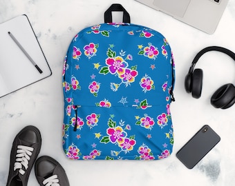 Hmong inspired blue with flowers Backpack
