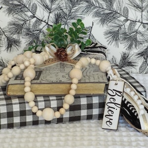 Wood Bead Garland & Book Bundle / Farmhouse Beads / Tassel Beads / Tiered Tray Decor / Book / Swag / Christmas Decor