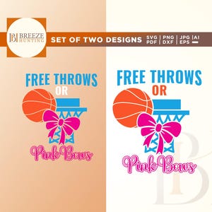 Może przedstawiać: Dwa projekty do pliku SVG do cięcia z motywem koszykówki. Projekt zawiera piłkę do koszykówki, kosz do koszykówki i tekst "Free Throws or Pink Bows".