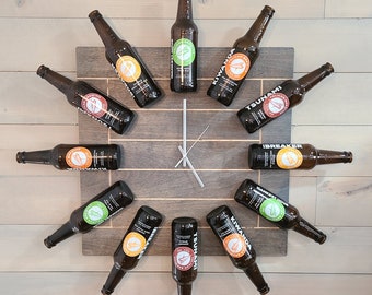 Personalized beer bottle clock. Bottle clock KIT. Man cave decor gift for him. Large wood wall clock for home decor or garage.