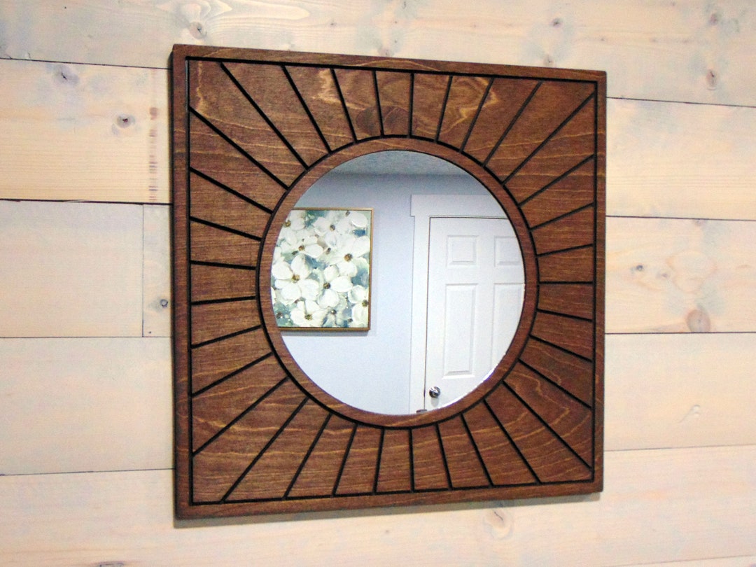 Wood Mirror Walnut Square Frame Circle Glass Mirror Geometric Wall