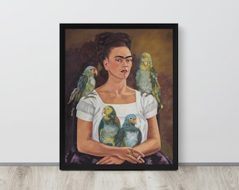 Frida Khalo Poster Print Me and My Parrot 1941 Framed Frida Khalo Poster Self Portrait Painting Wall Art