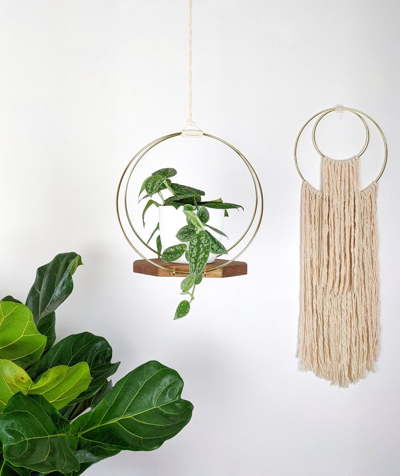 Modern Wooden Plant Hanger with Gold Hoops image 2