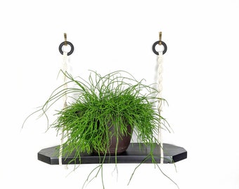 Indoor Plant Shelf with Wooden Base and Macramé Cord Hanging