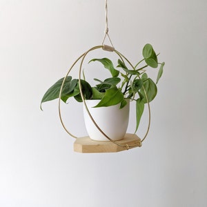 Modern Wooden Plant Hanger with Gold Hoops Natural stain