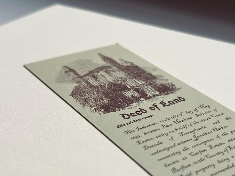 May include: A vintage-style Deed of Land document with an illustration of a building in dark red ink on a light green background. The text reads "Deed of Land" and includes details about the conveyance.