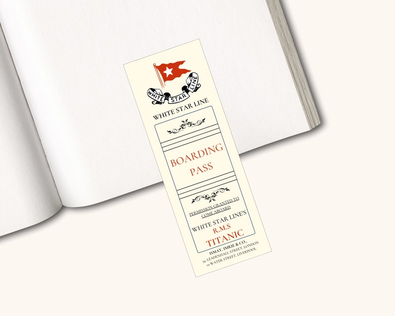 Titanic Bookmark, RMS Titanic Custom White Star Line, Vintage Boarding Pass, Titanic 1997 image 1